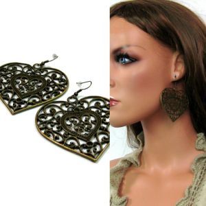 Boucles d’oreilles fantaisie coeur métal bronze