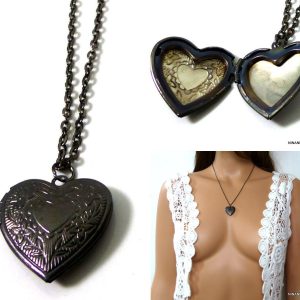 Collier Chaine coeur porte photo métal noir