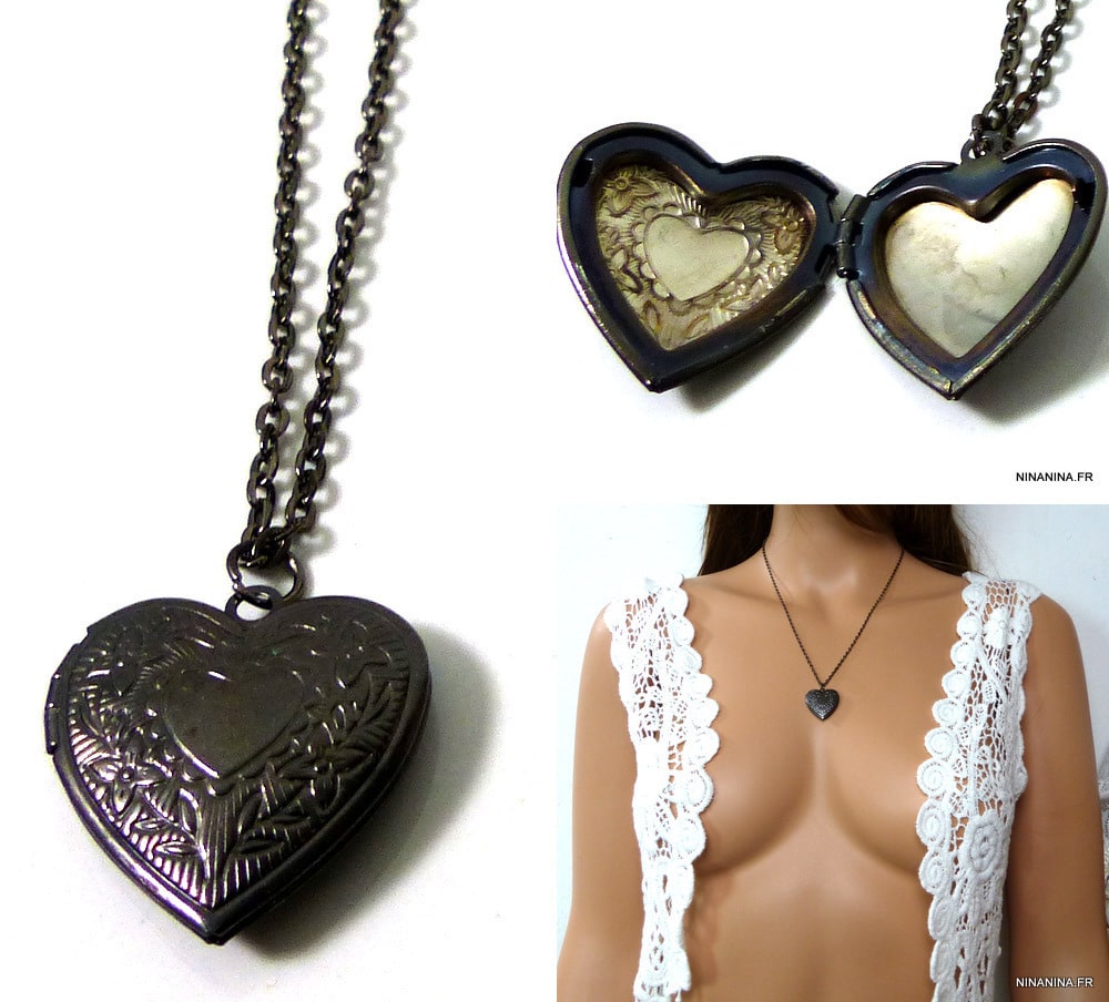 Collier Chaine coeur porte photo métal noir