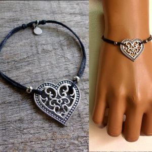Bracelet cordon coeur métal argenté