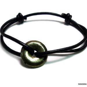 Bracelet pyrite femme homme disque sur cordon cuir noir