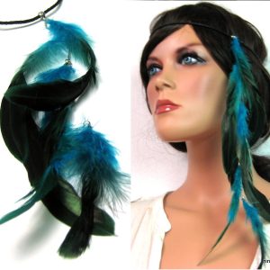 Headband plumes bleues turquoise Cuir tressé