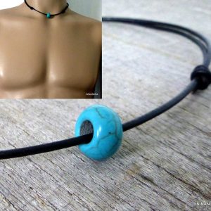Collier cordon cuir et rondelle turquoise