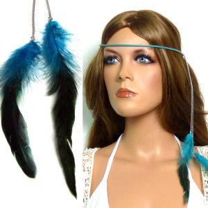 Headband Cuir et plumes turquoises