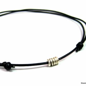 Collier Cordon Cuir ajustable rondelles Argent 925 massif