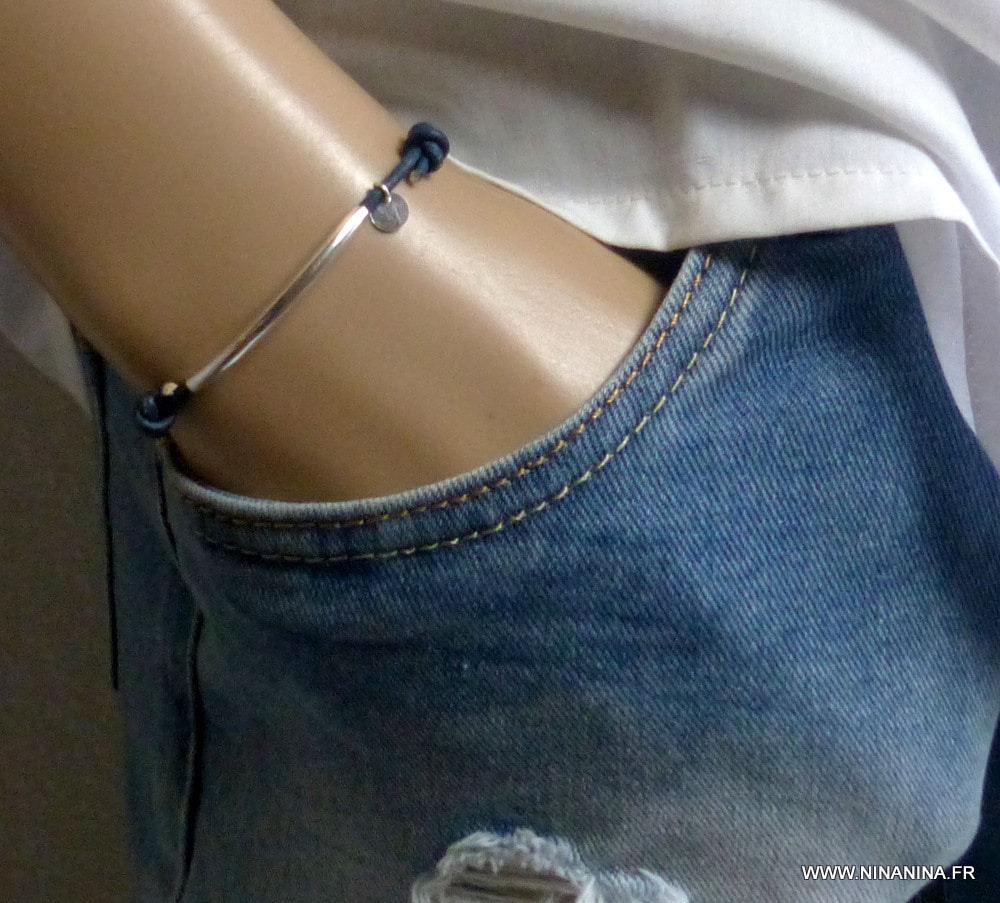 Bracelet cordon cuir lune Argent 925 massif – Image 3