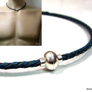 Collier homme cordon cuir tressé fermoir magnétique