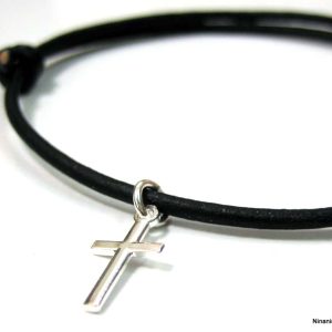 Collier croix Argent 925 massif et cordon cuir noir