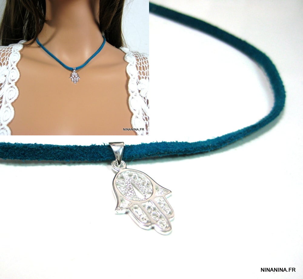 Collier main de fatma bleu cordon cuir et Argent 925 – Image 7