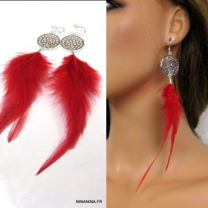 Boucles d’oreilles plumes rouges plaqué argent