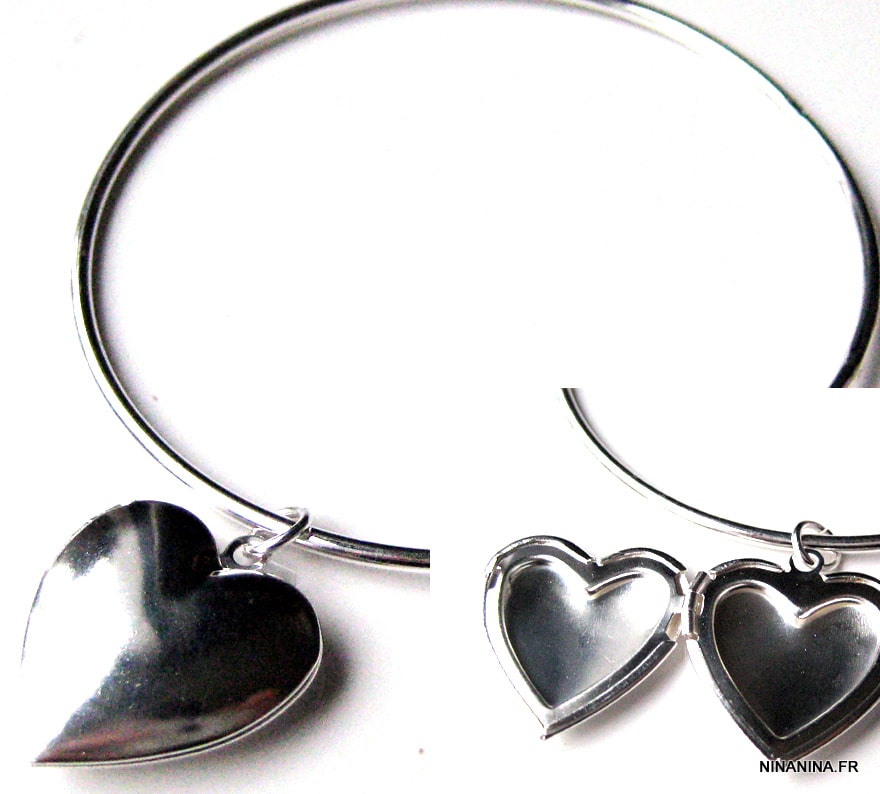 Bracelet Jonc Fin Femme avec Pendentif Cœur Porte Photo en Argent Plaqué – Bijou Artisanal et Sentimental – Image 3