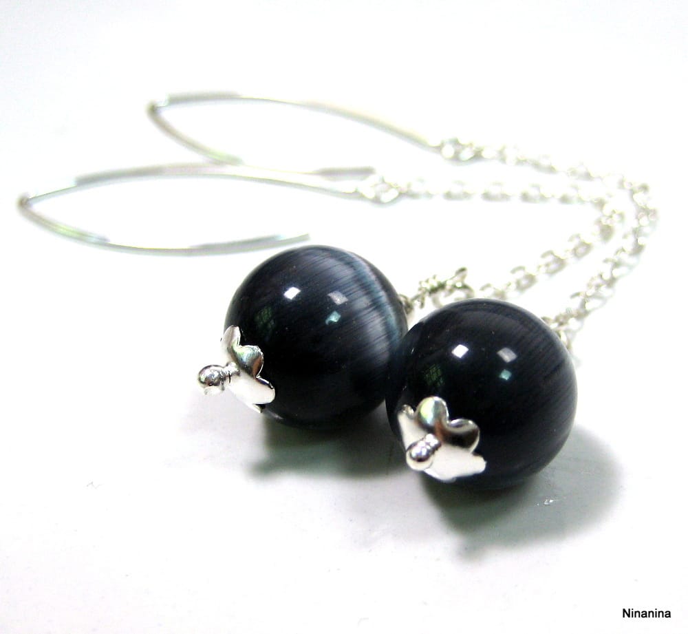 Créoles Argent 925 massif perles noires – Image 3