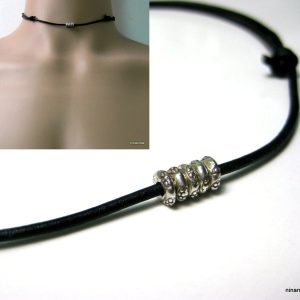 Tour de cou cuir femme ou homme rondelles argent 925