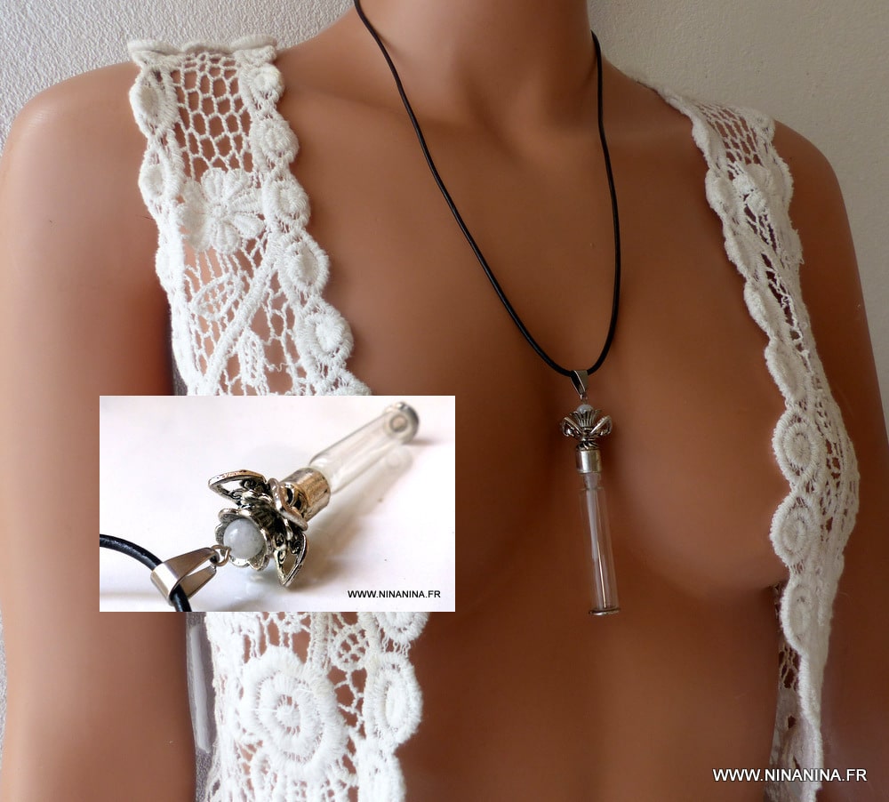Collier cordon cuir flacon de parfum vide pierre fine