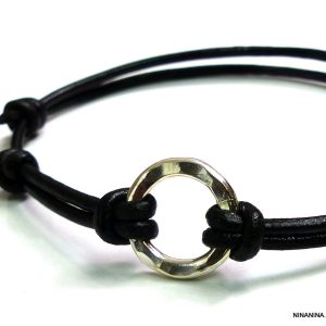 Bracelet Cordon Anneau Argent Massif Martelé Et Cuir