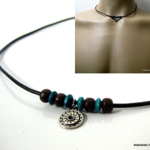 Collier cordon cuir homme ajustable perles bois