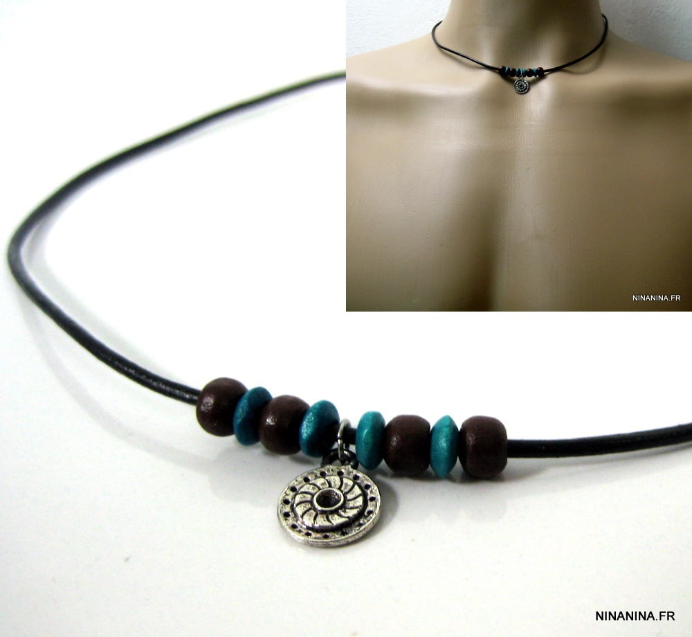 Collier cordon cuir homme ajustable perles bois – Image 2