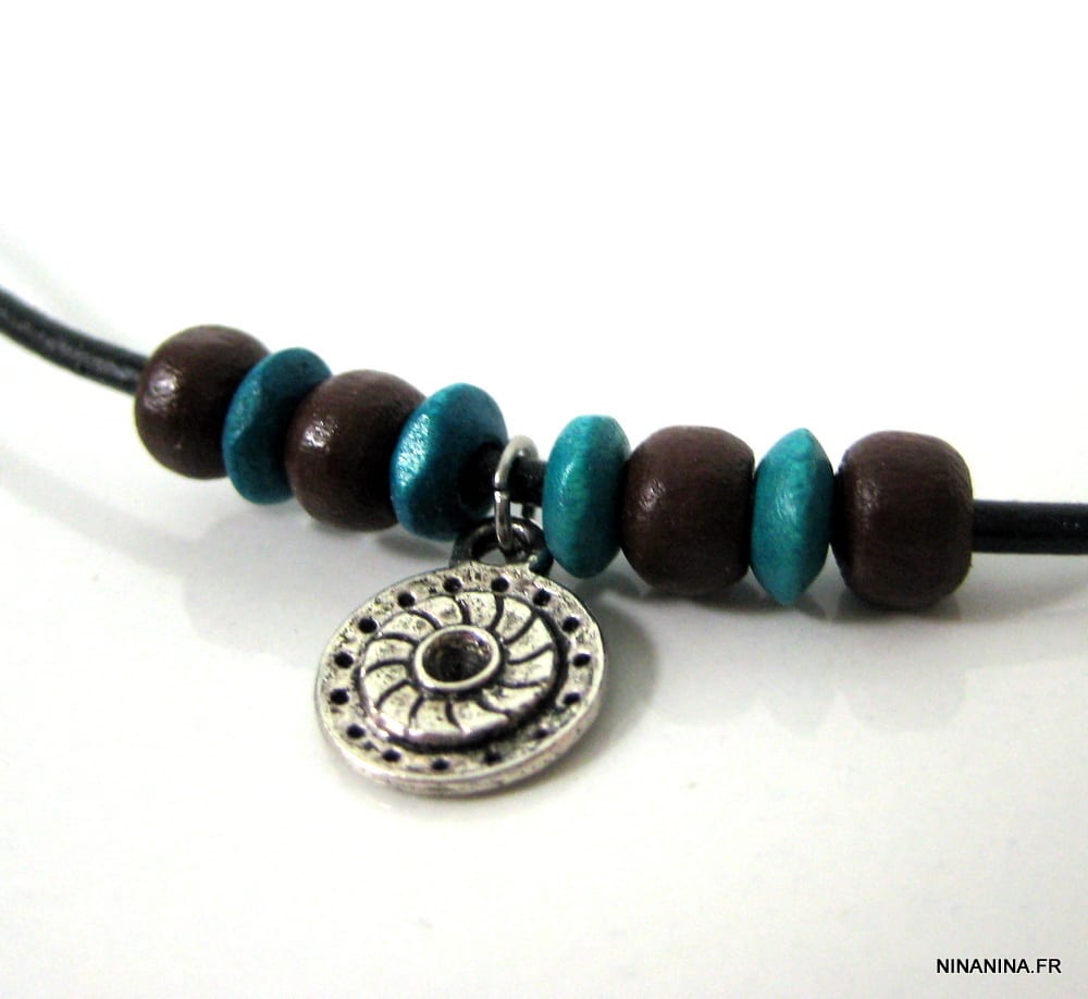 Collier cordon cuir homme ajustable perles bois – Image 4