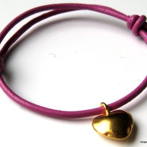 Bracelet cuir coeur Argent 925 massif Plaqué Or