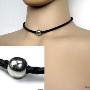 Collier homme cuir tressé boule métal argenté