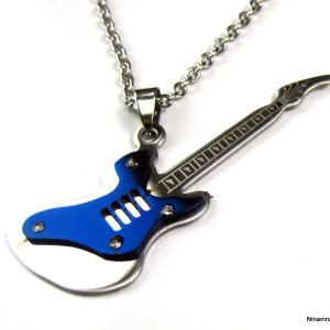 Collier homme guitare bleue Acier inoxydable