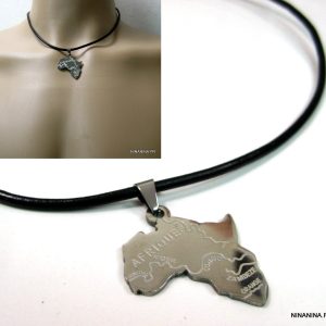 Collier carte Afrique Acier Inoxydable cordon cuir