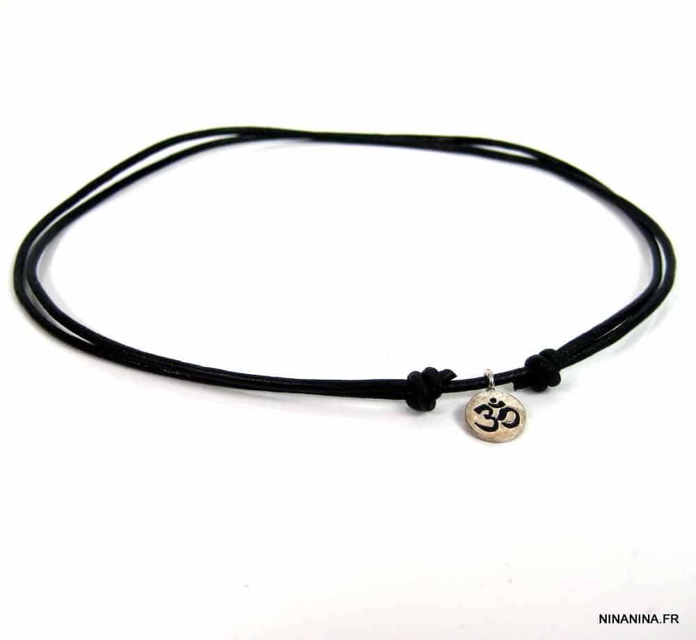 Collier Cordon Cuir Homme artisanal avec médaille ronde symbole Ohm en Argent 925 massif – Image 4