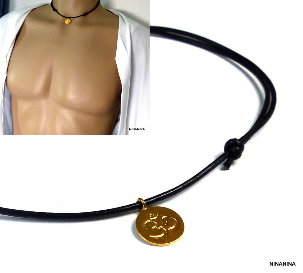 Collier cordon cuir homme pendentif OHM plaqué Or – Image 3