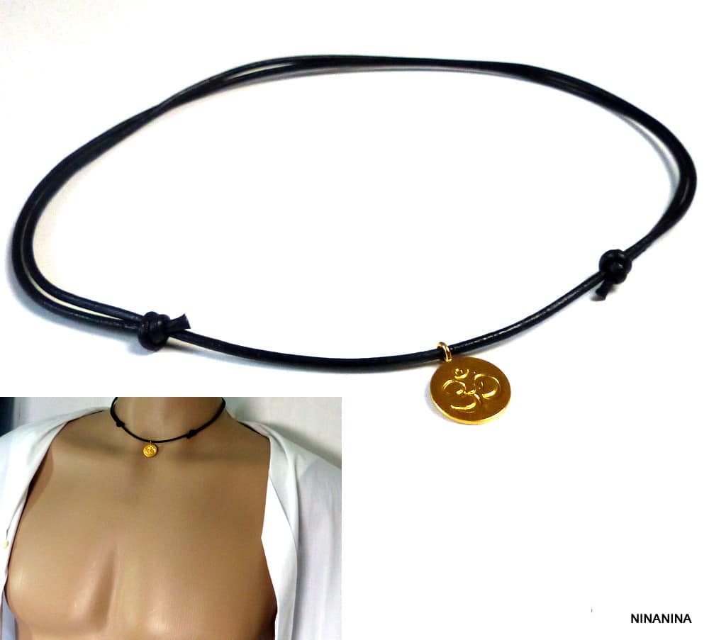 Collier cordon cuir homme pendentif OHM plaqué Or – Image 6