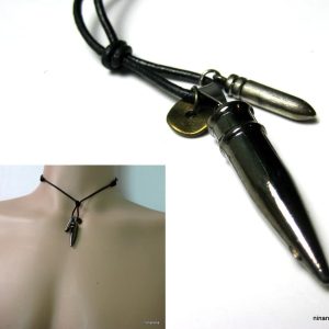 Collier homme cuir balle de revolver Acier