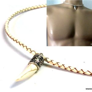 Collier homme cuir tressé dent de tigre