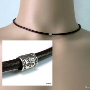 Collier homme cuir et Argent 925 rondelle ciselée