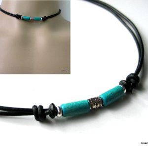Collier homme perles tube bois bleu turquoise cordon cuir