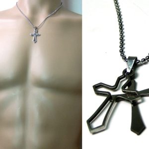Collier homme pendentif deux croix Acier inoxydable argenté