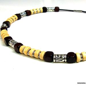Collier homme perles de bois et métal argenté