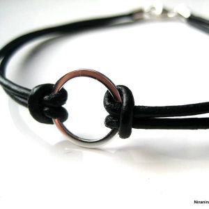 Bracelet cordon cuir anneau fin Argent 925 massif