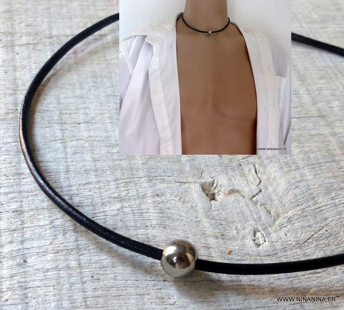 Collier boule homme cuir Acier inoxydable argent – Image 8