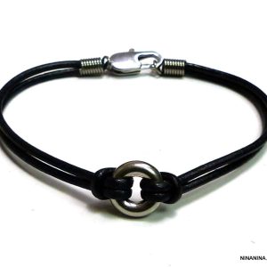 Bracelet anneau homme Acier chirurgical cordon cuir noir
