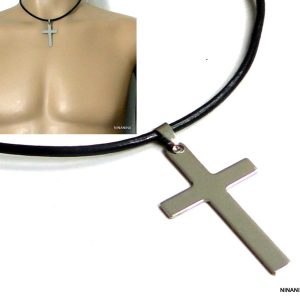 Collier homme avec croix Acier inoxydable cordon cuir