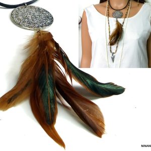 Collier Fantaisie Cordon Cuir Et Plumes