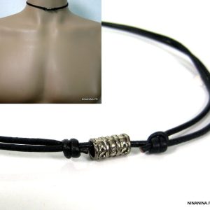 Collier homme cuir et métal argenté