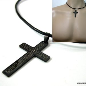 Collier homme pendentif croix Acier noire cordon cuir