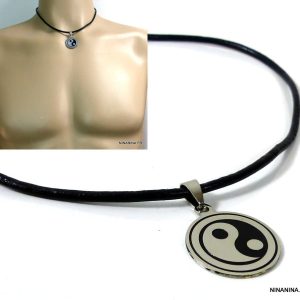 Collier homme cuir pendentif yin yang Acier inoxydable