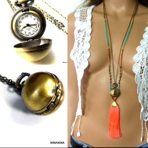 Collier Chaine boule montre gousset métal bronze