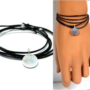 Bracelet à enrouler autour poignet médaille Argent cuir