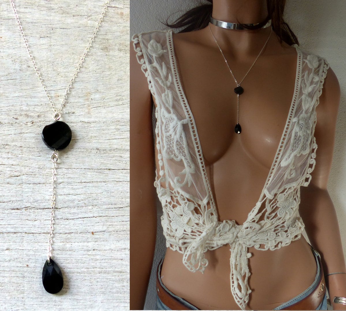 Collier cravate swarovski argent 925 pendentif cristal