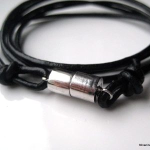 Bracelet cordon cuir noir fermoir aimanté Argent 925 massif