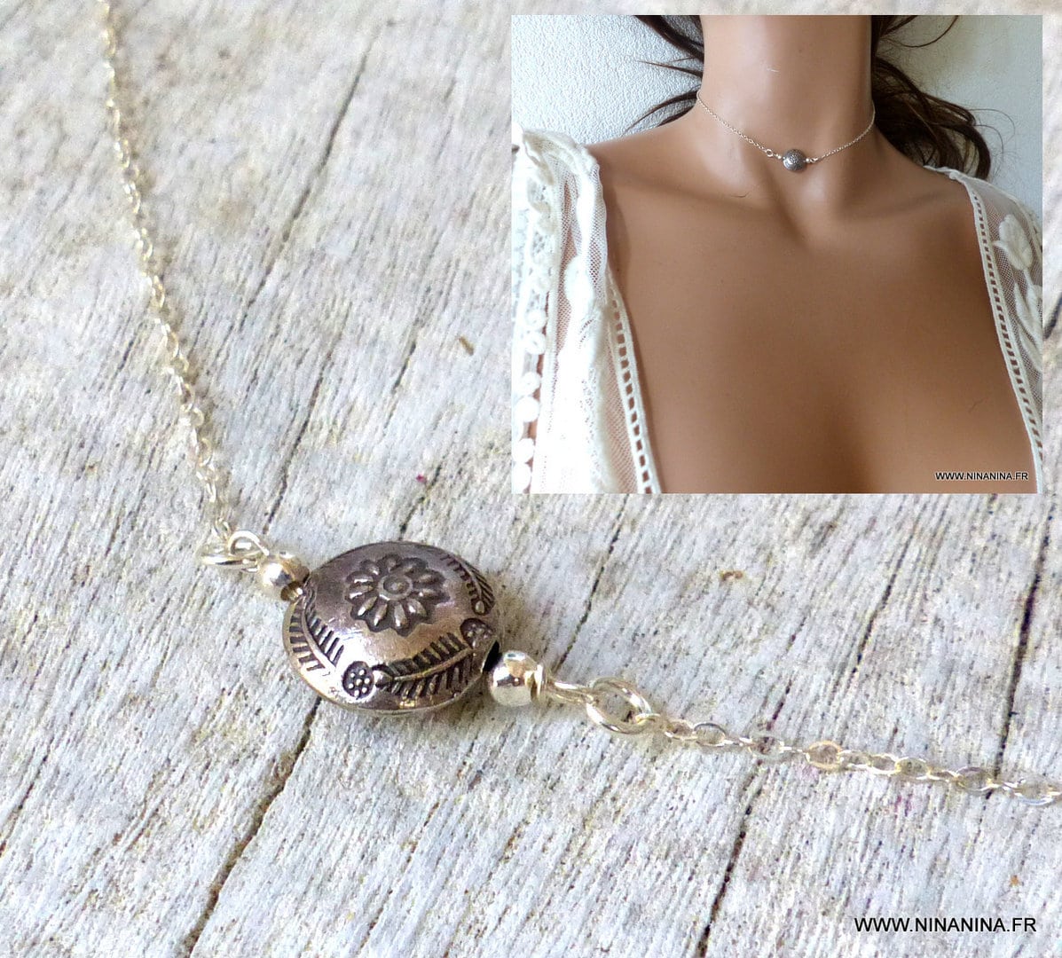 Collier Argent Femme perle ronde et plate ciselée – Image 5