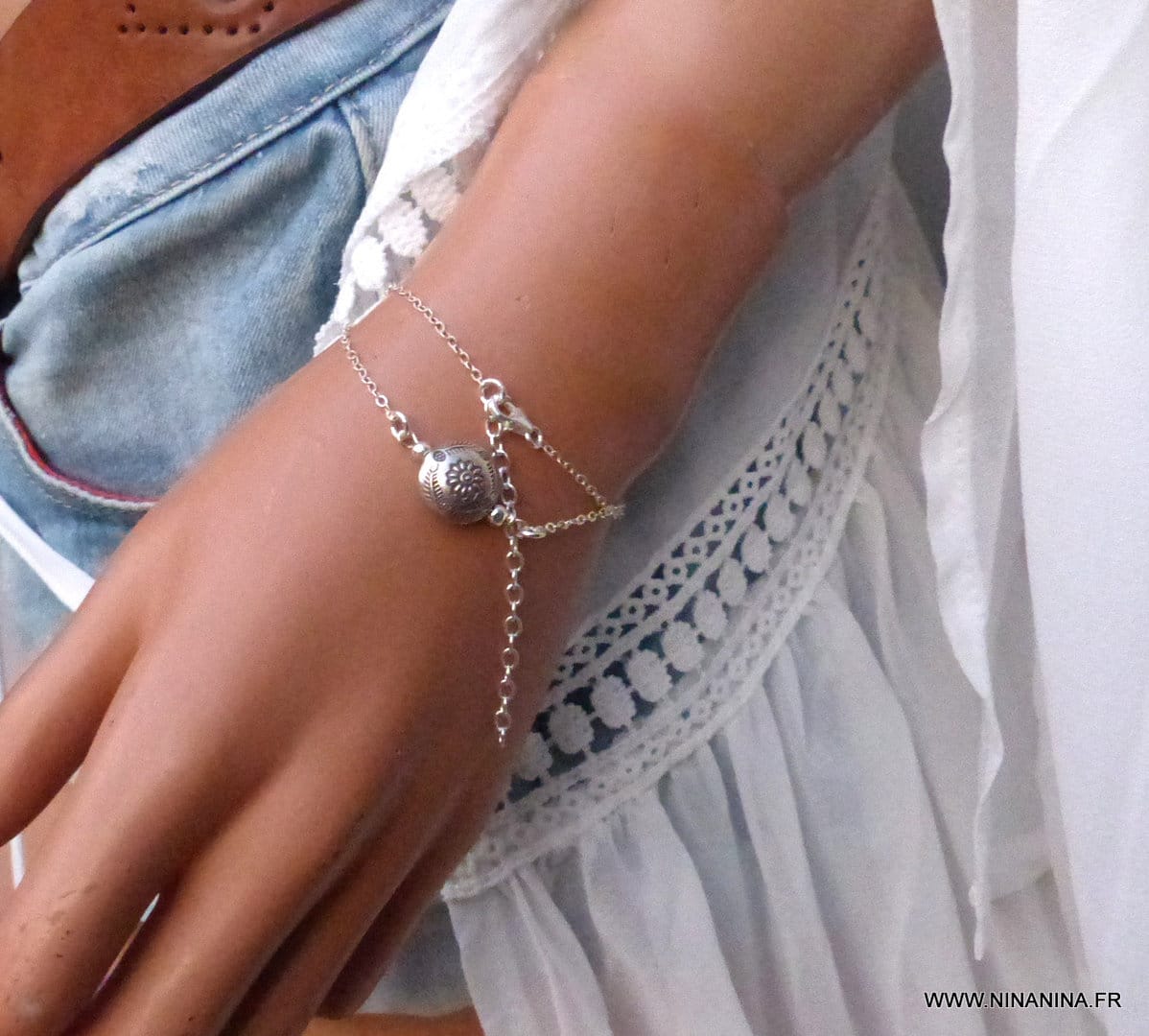 Collier Argent Femme perle ronde et plate ciselée – Image 6