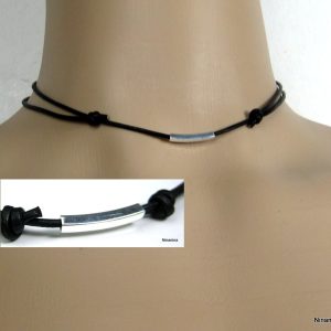 Collier cordon Cuir ajustable tube Argent 925 massif